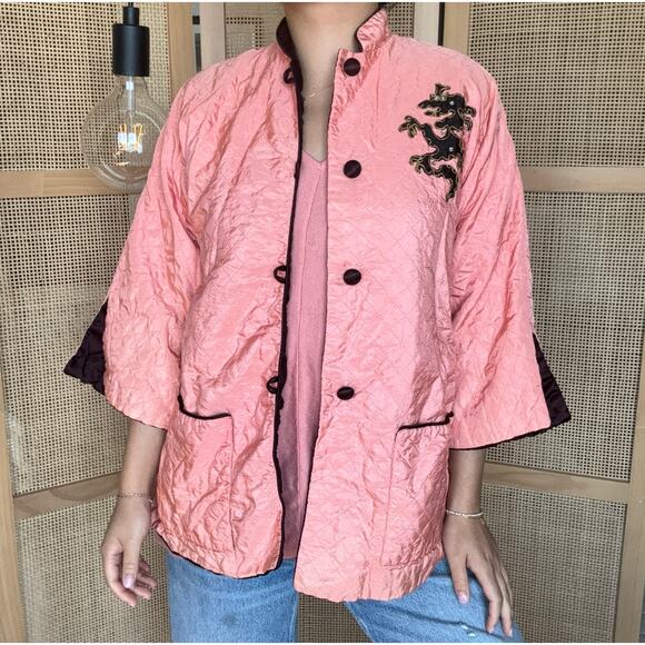 Vintage oriental pink quilted dragon jacket with embroidery - Picture 1 of 6
